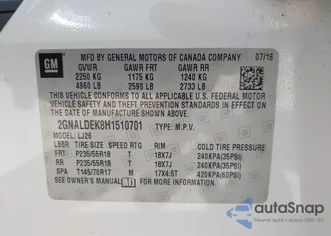 2017 Chevrolet Equinox Premier z USA, uszkodzony, nr VIN 2GNALDEK8H1510701